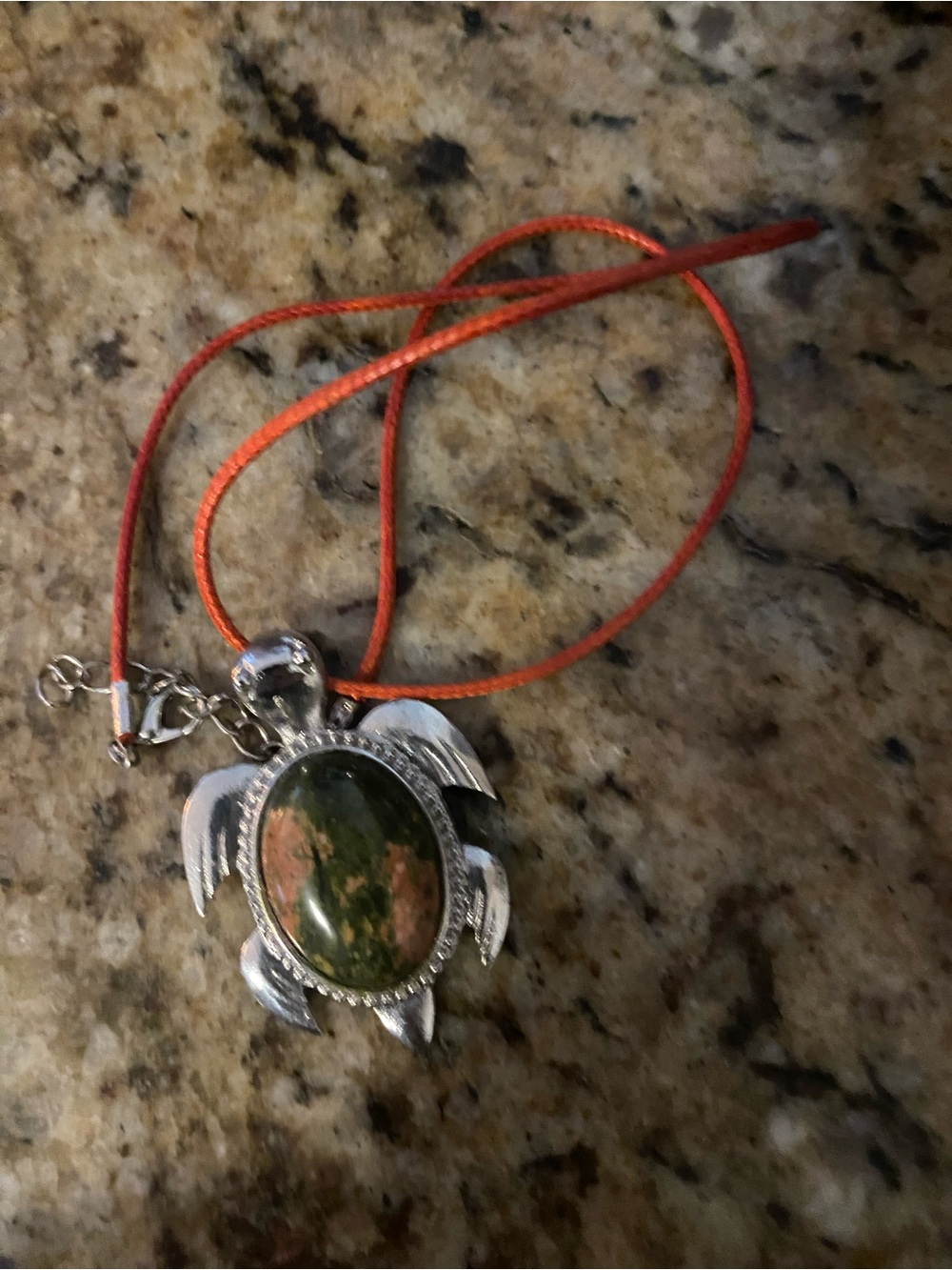 Silver Turtle Pendant Necklace with Green-Orange Stone on Red Cord